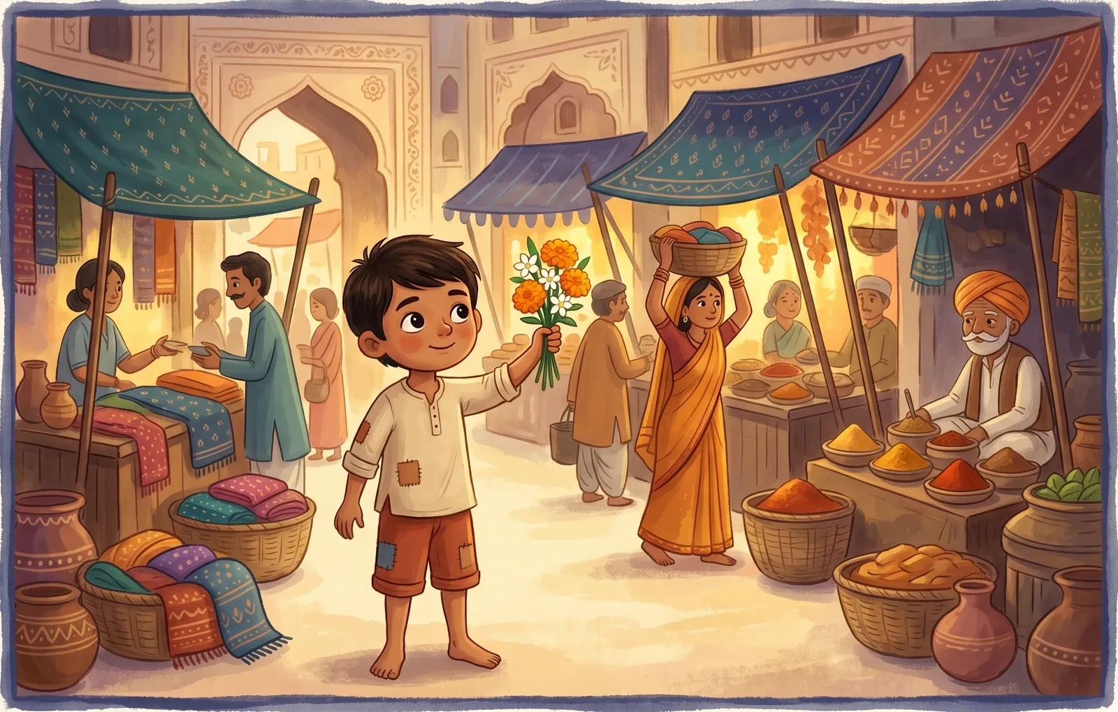 A determined barefoot boy holding up a small bunch of flowers in a bustling old Indian marketplace.
