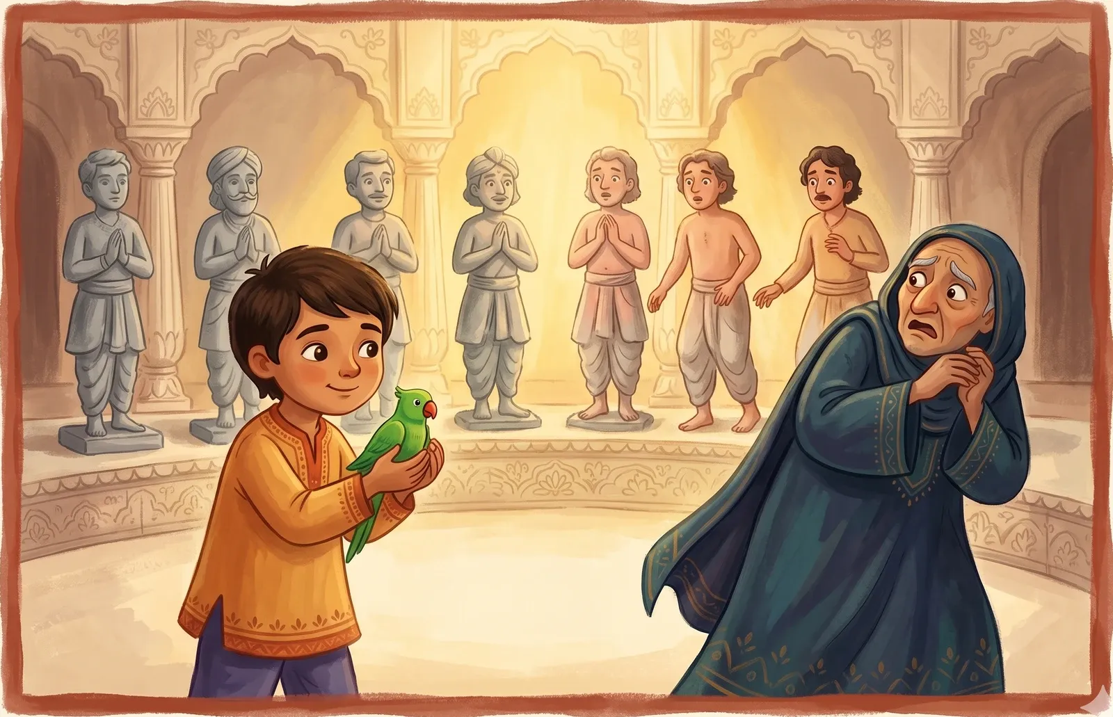 A brave boy cupping a small green parrot as a frightened old magician shrinks back and stone statues soften into living men.