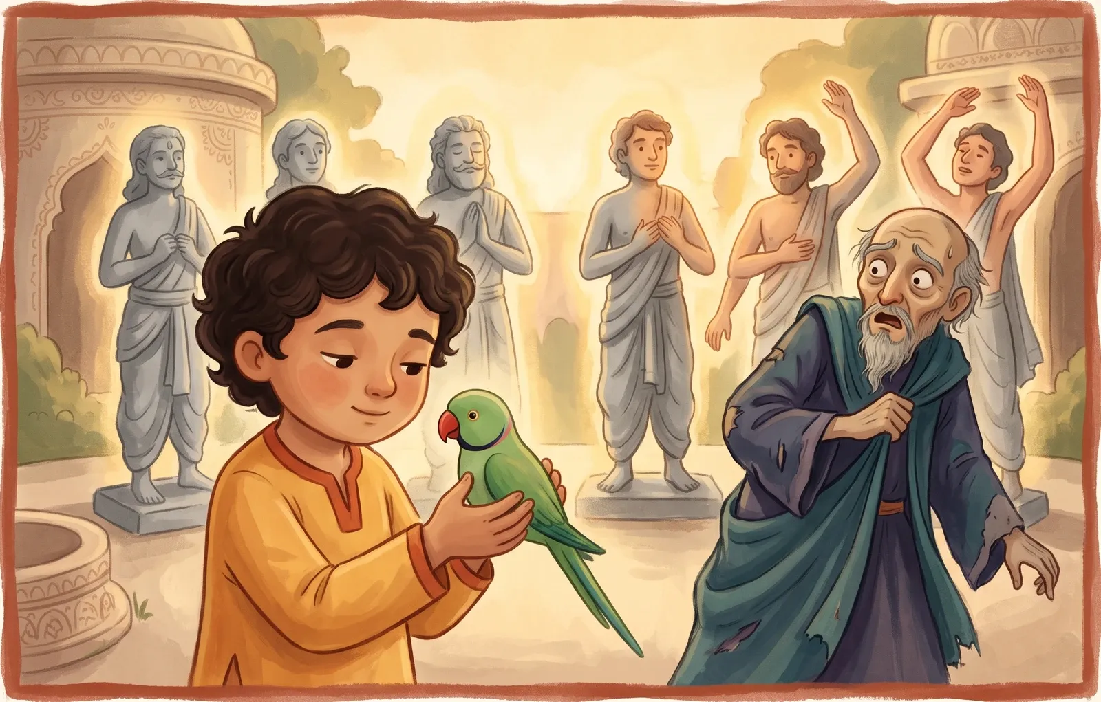 A brave boy cupping a small green parrot as a frightened old magician shrinks back and stone statues soften into living men.
