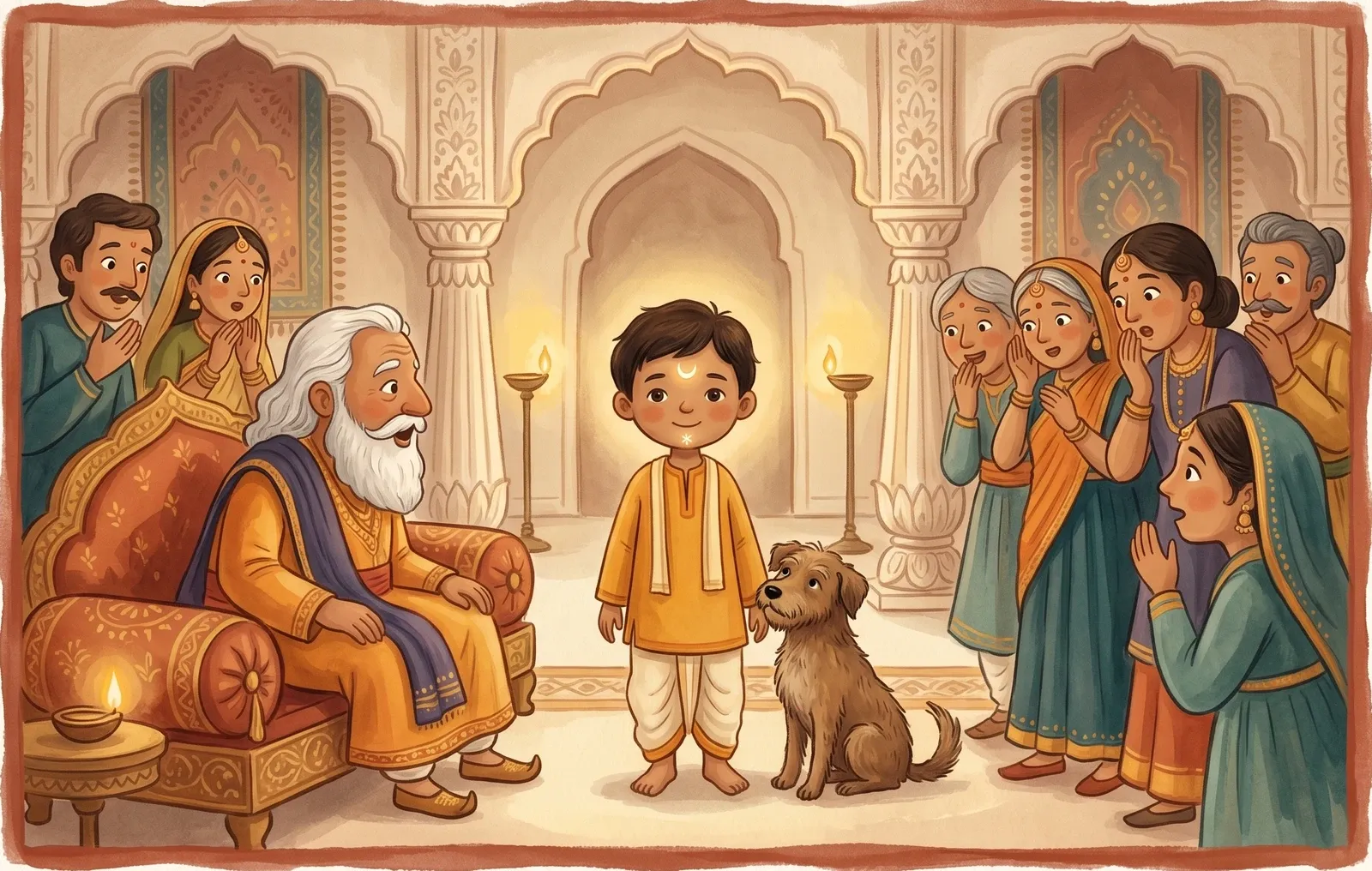 A boy with a glowing moon on his forehead and a star on his chin in a palace hall as a king and onlookers gaze in wonder.