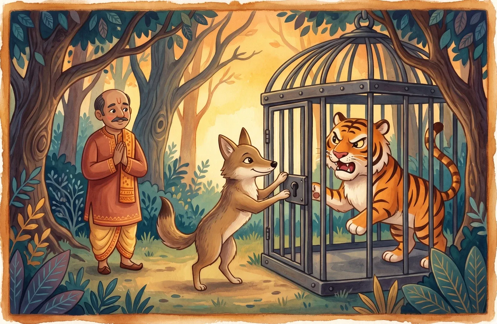 A clever jackal latching shut an iron cage on a furious tiger as a relieved brahmin looks on.