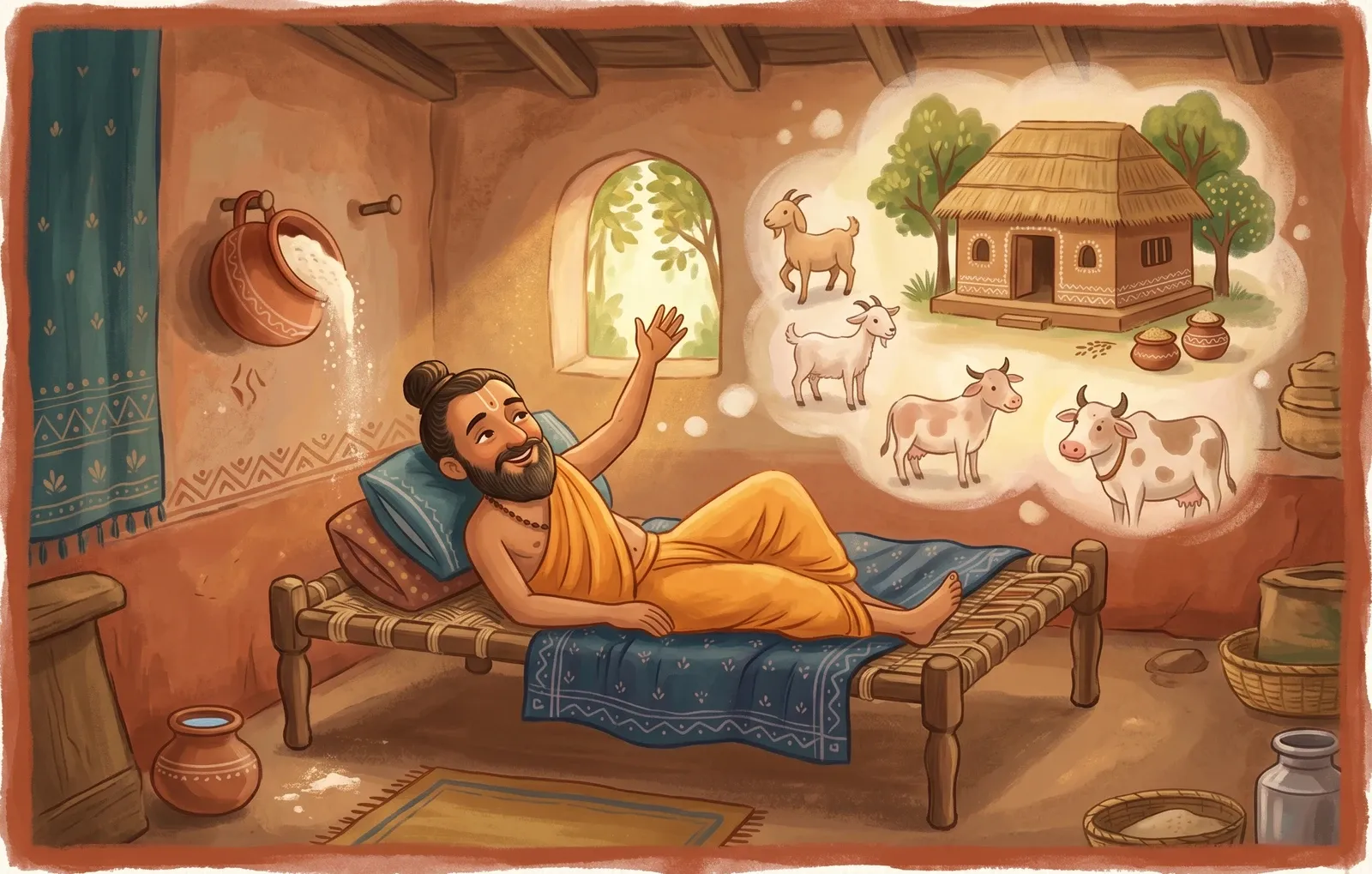 A poor brahmin daydreaming on his bed, arm mid-swing, a pot of flour tipping off a wall-peg, dreamlike goats and a house above.