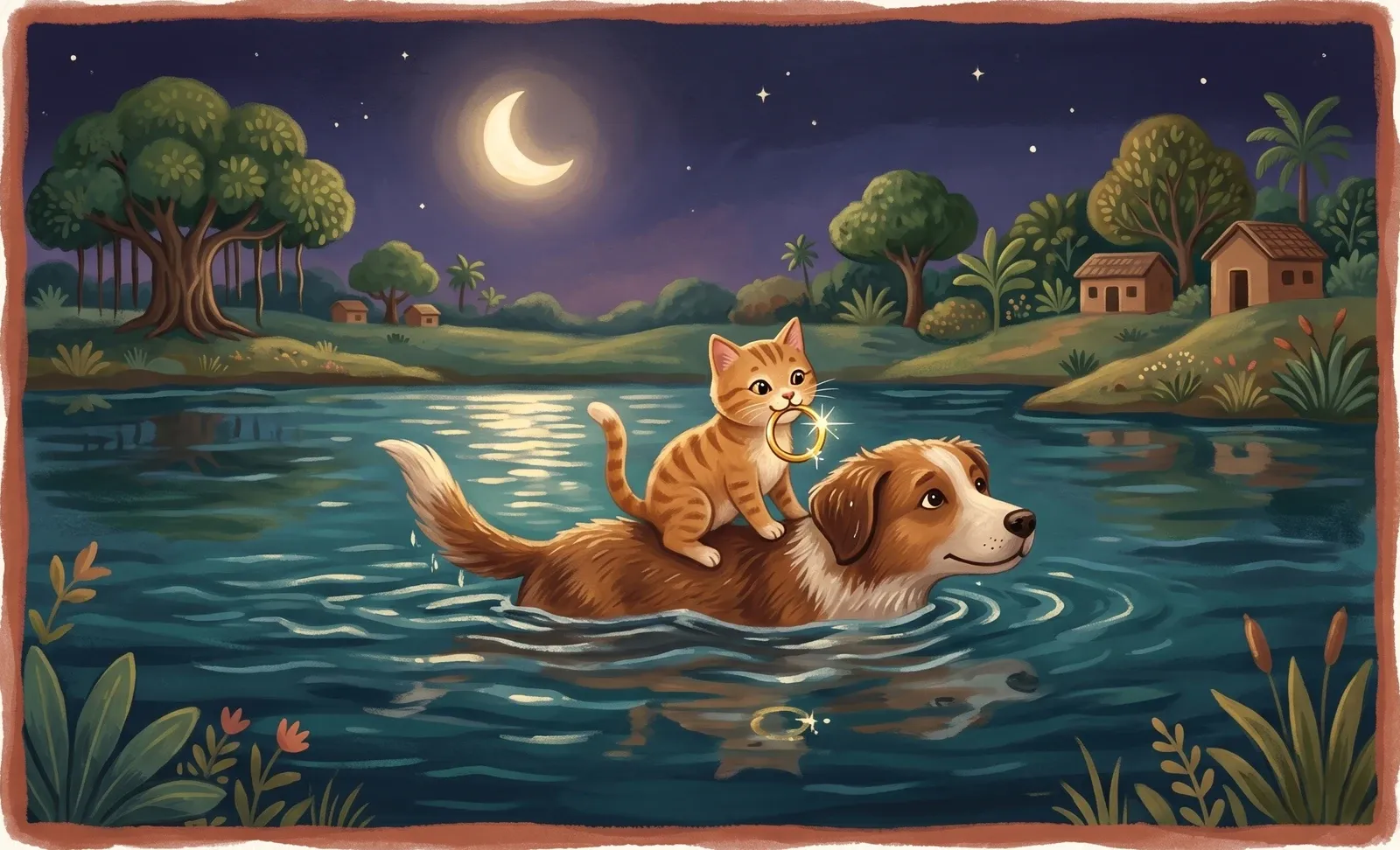A small cat riding on a dog's back across a moonlit river, a golden ring glinting in its mouth.
