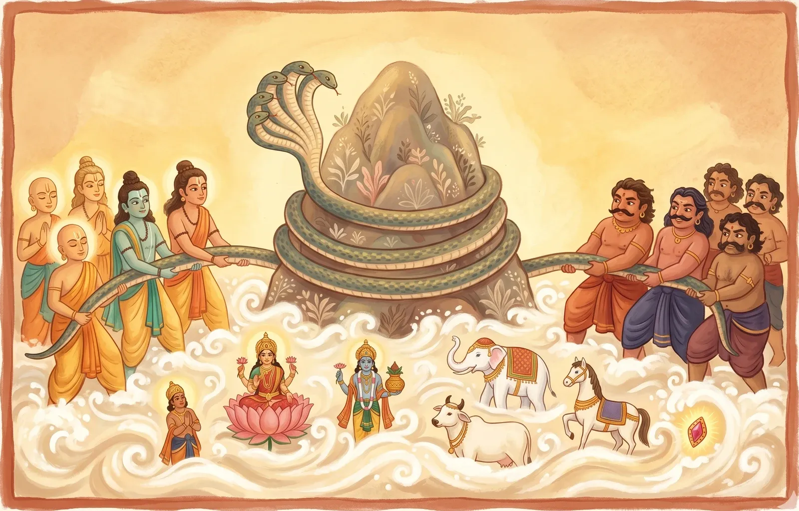 Gods and demons pulling a great serpent wound around a mountain in a milky sea, treasures rising from the waves.