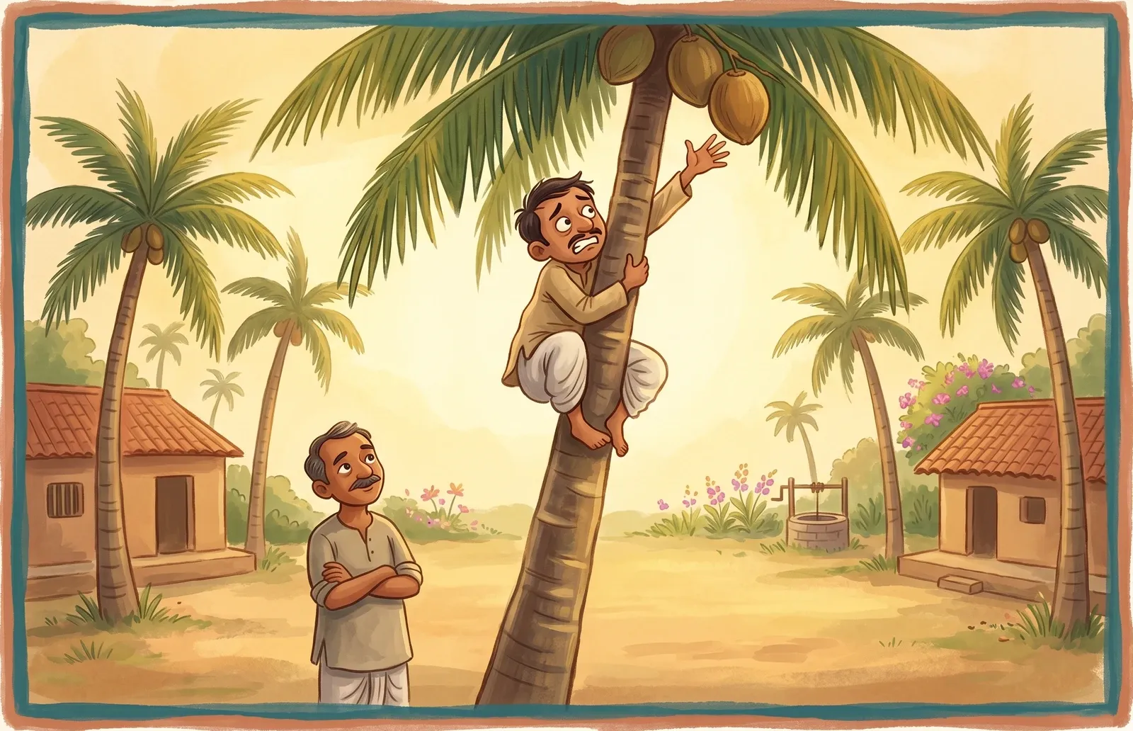 A stingy little man clinging high up a tall coconut palm, reaching nervously for a coconut as a patient gardener watches below.