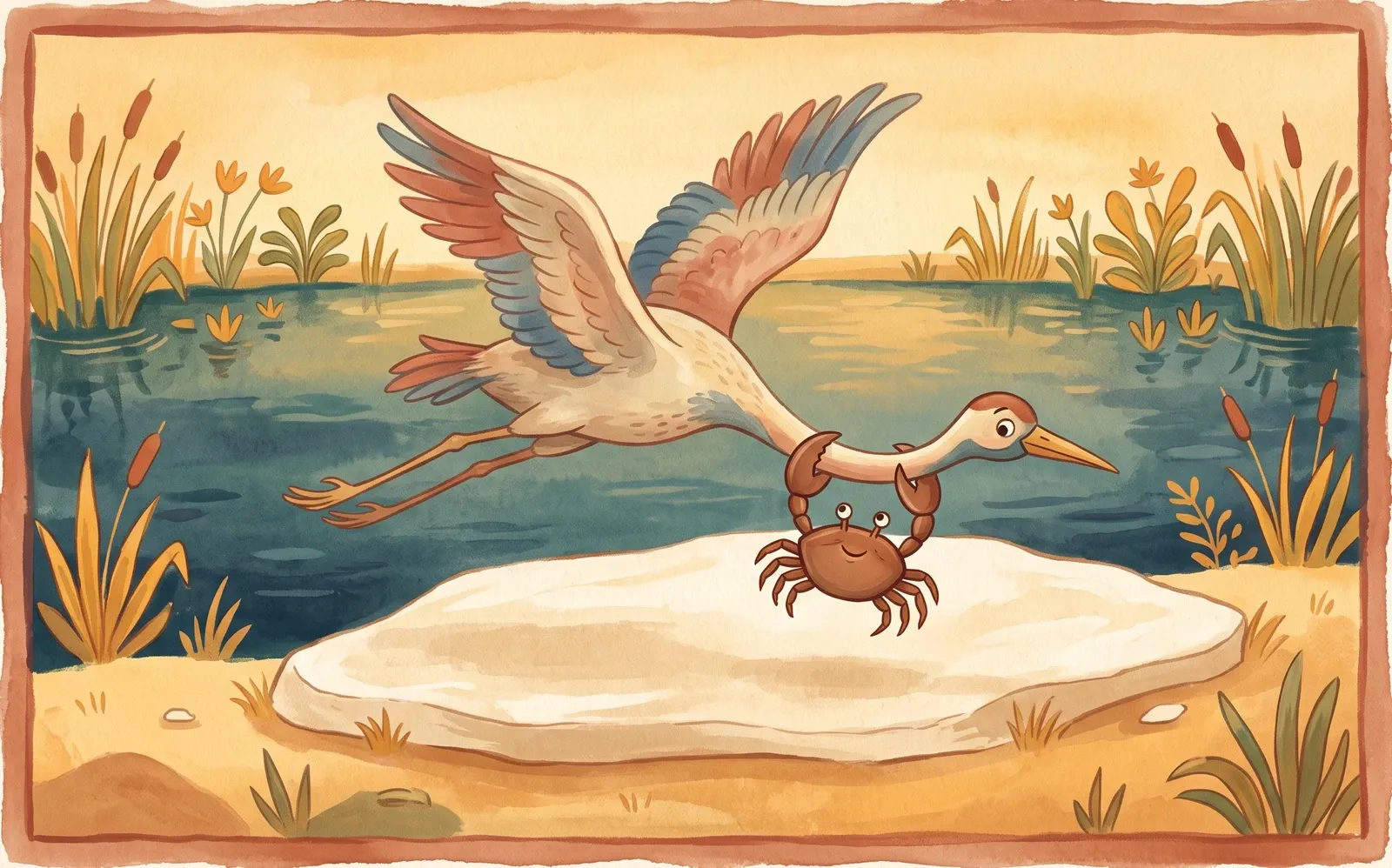 A tall old crane flying low with a clever crab clinging to its long neck, a calm pond and reeds in the background.