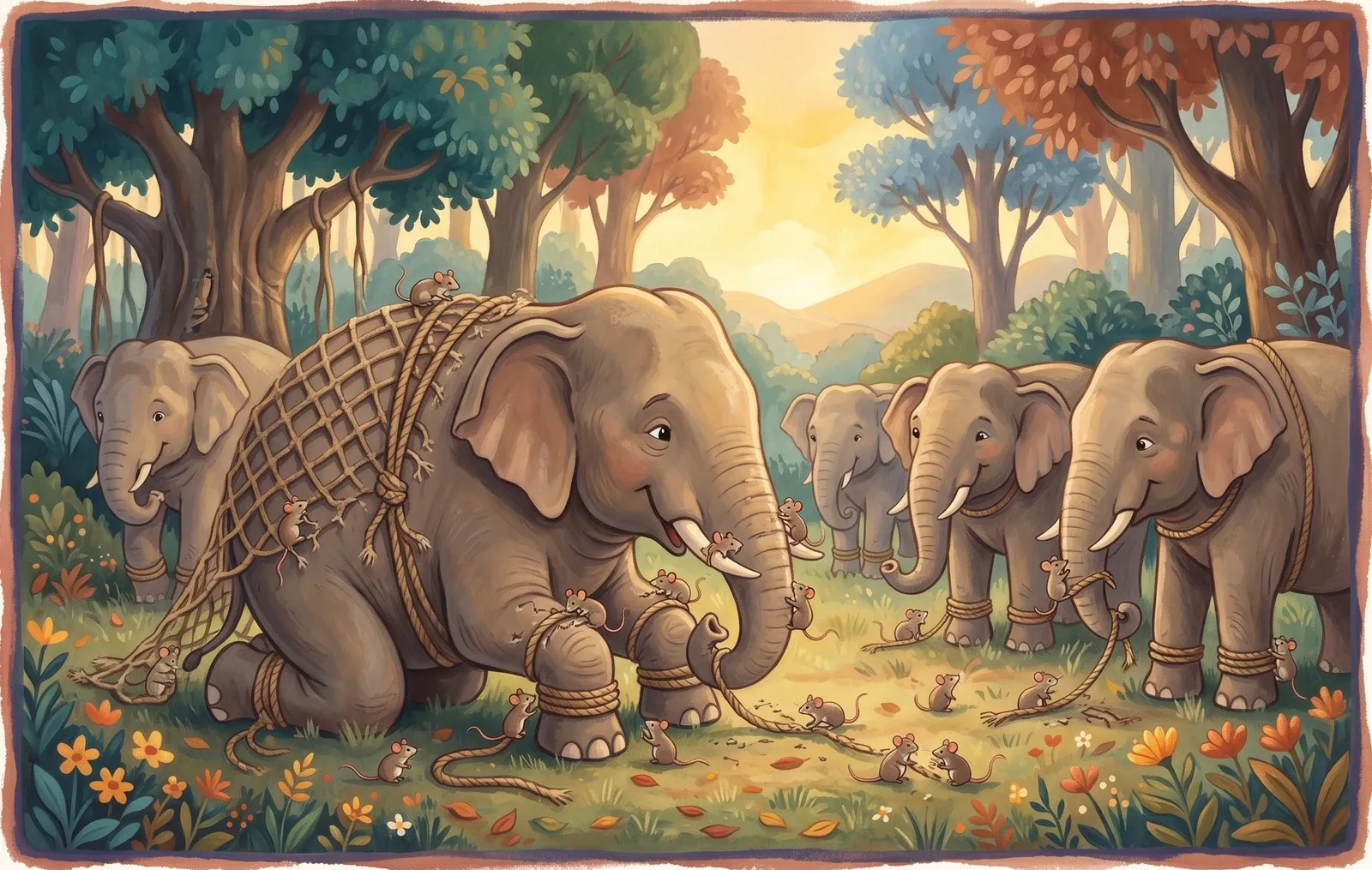 Dozens of tiny mice gnawing through ropes and nets around a herd of gentle elephants in a dawn-lit forest clearing.