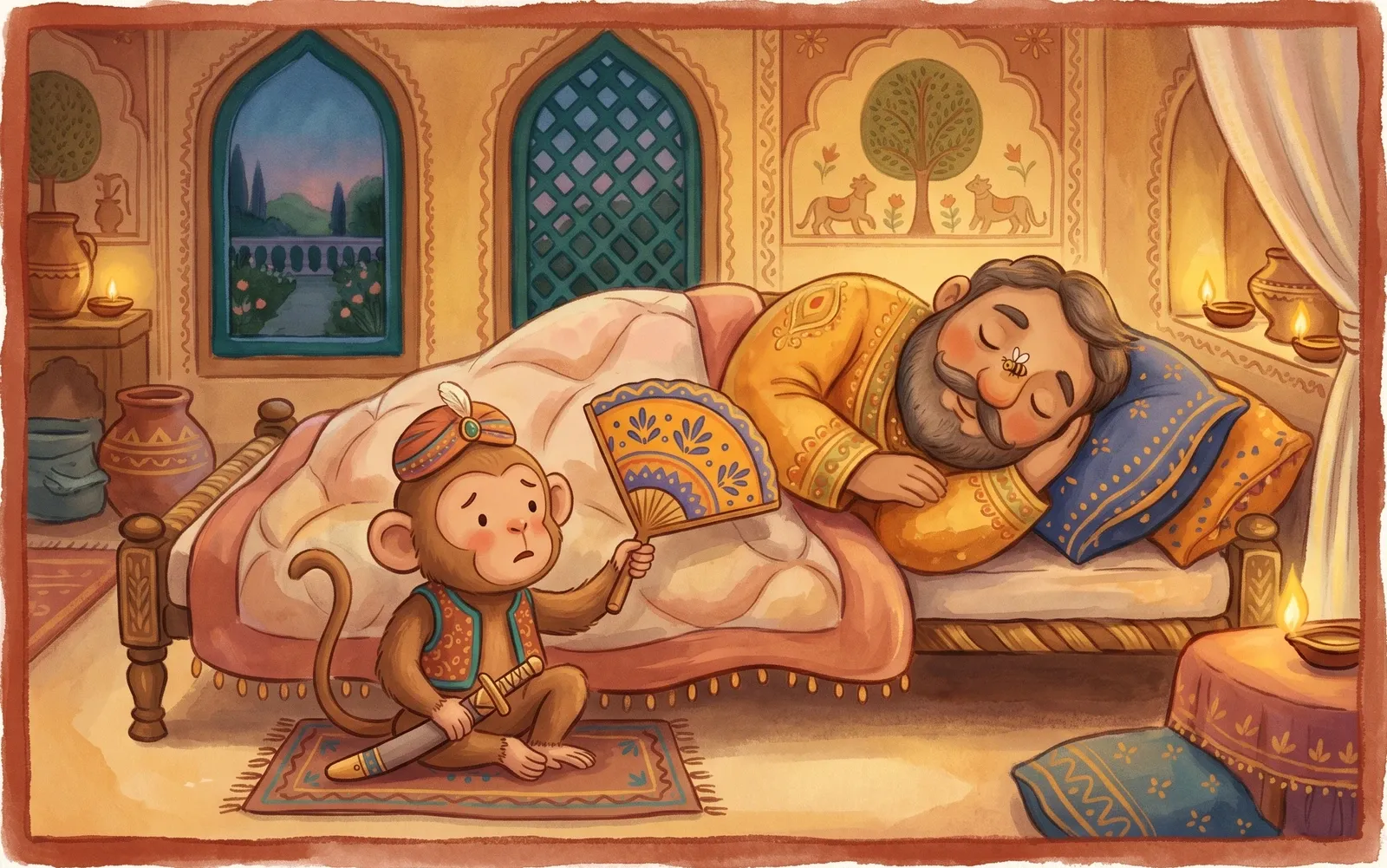 A devoted little monkey holding a fan and a tiny sword beside a peacefully sleeping king, a single bee perched on the king's nose.