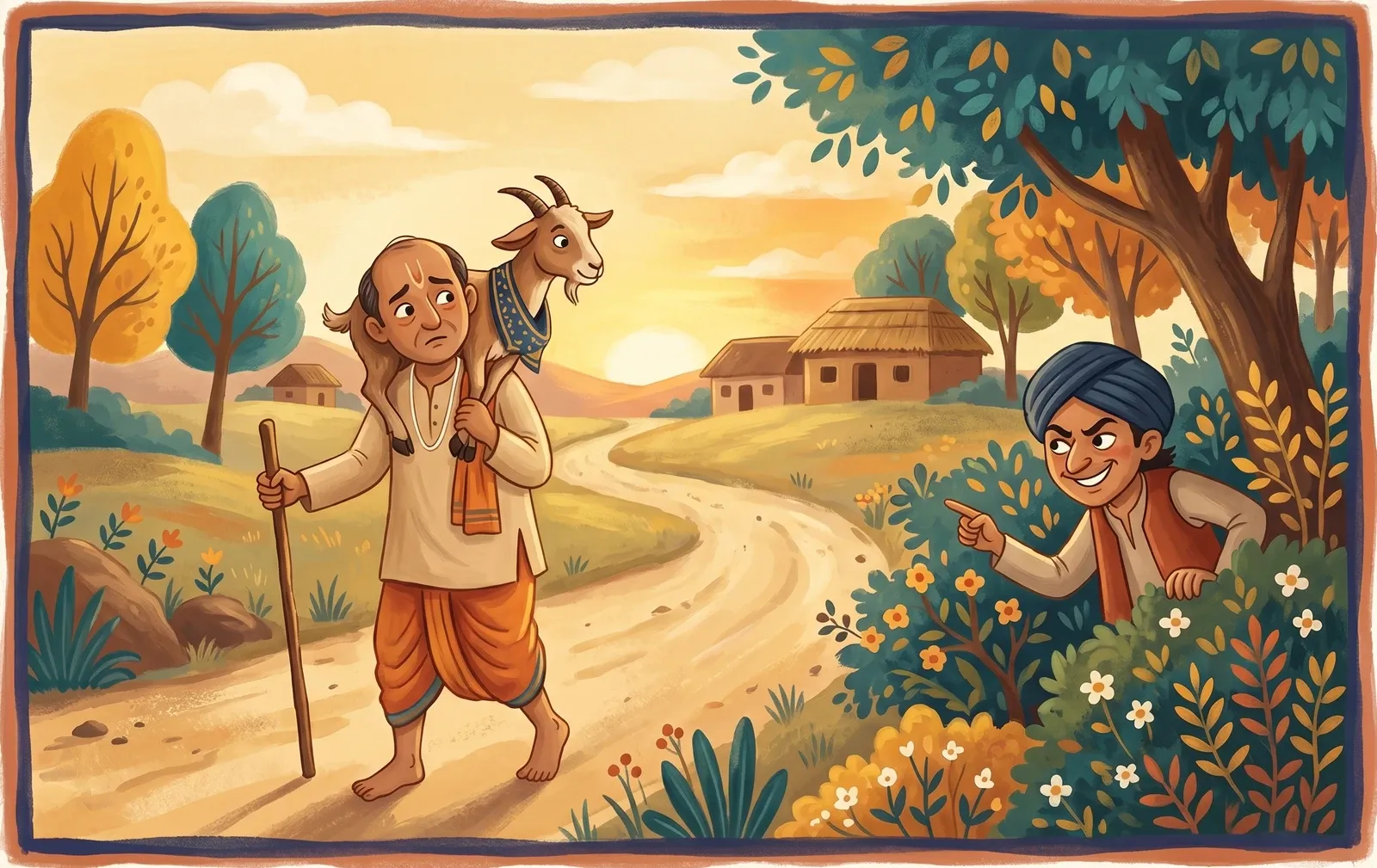 A worried brahmin carrying a goat across his shoulders on a dusty road as a sly figure smirks from the bushes.