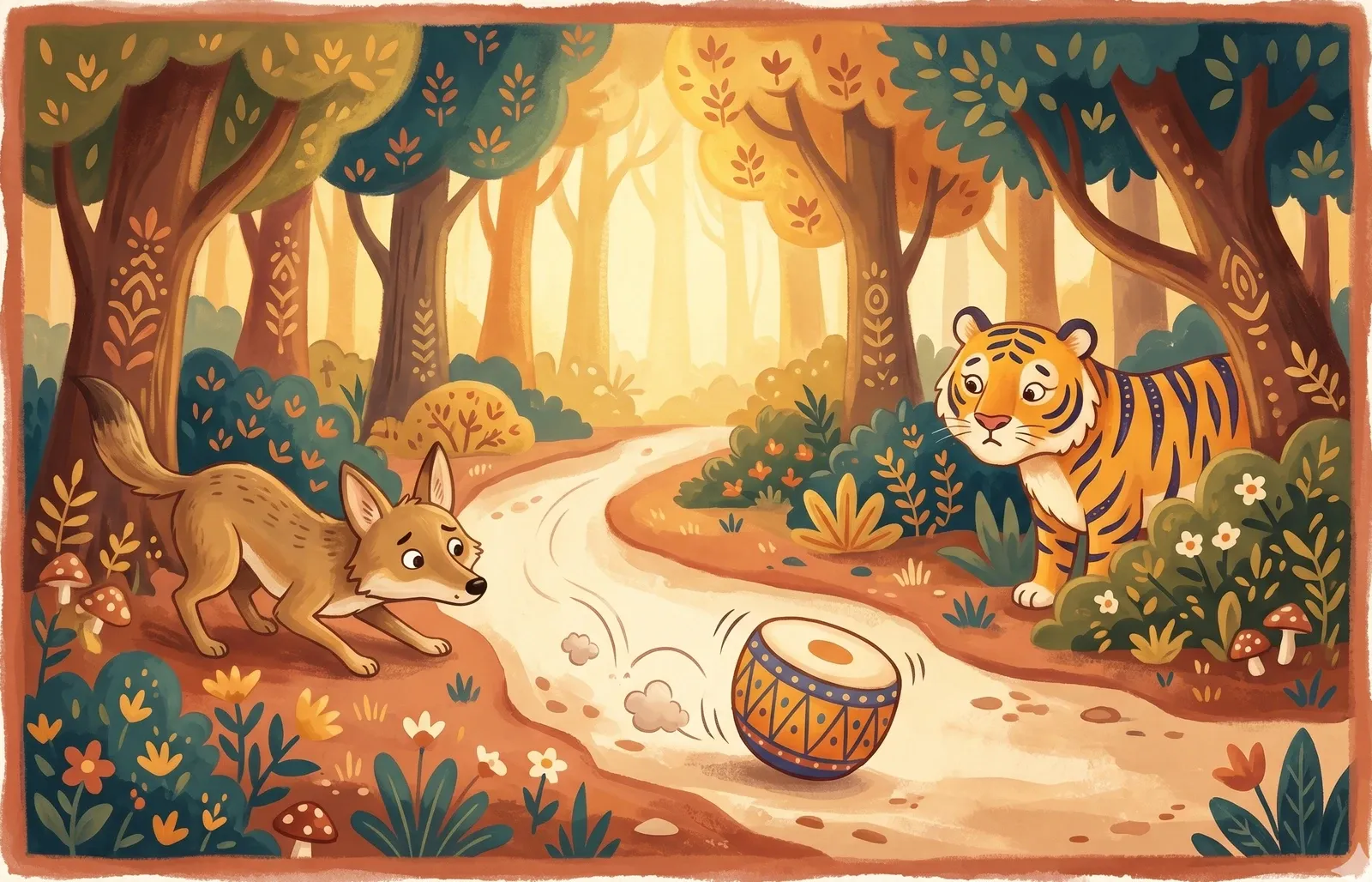 A little round drum rolling merrily along a forest path while a puzzled jackal and tiger watch it pass.