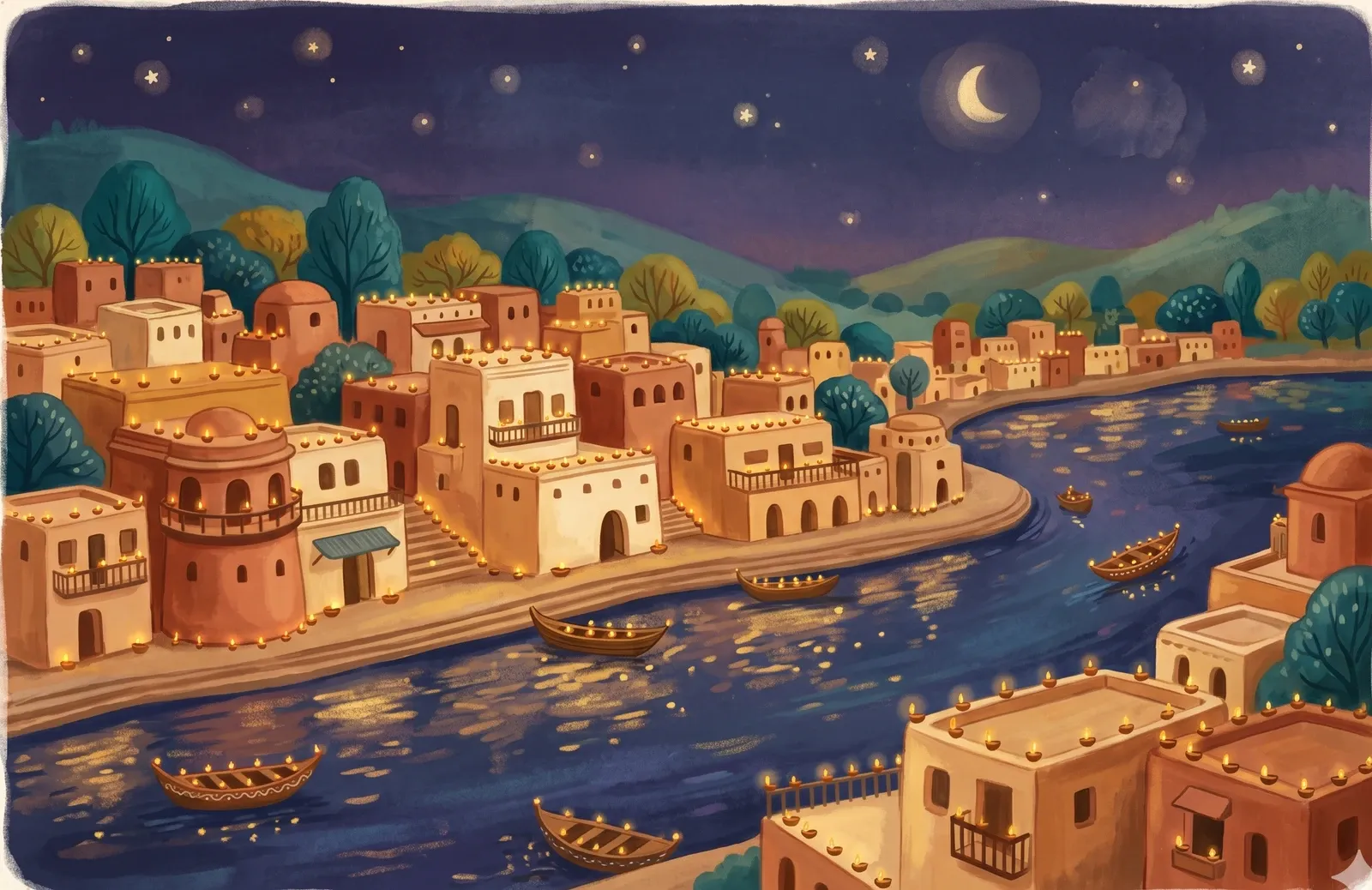 A city at night glowing with thousands of tiny clay lamps along its rooftops and river under a deep indigo sky.