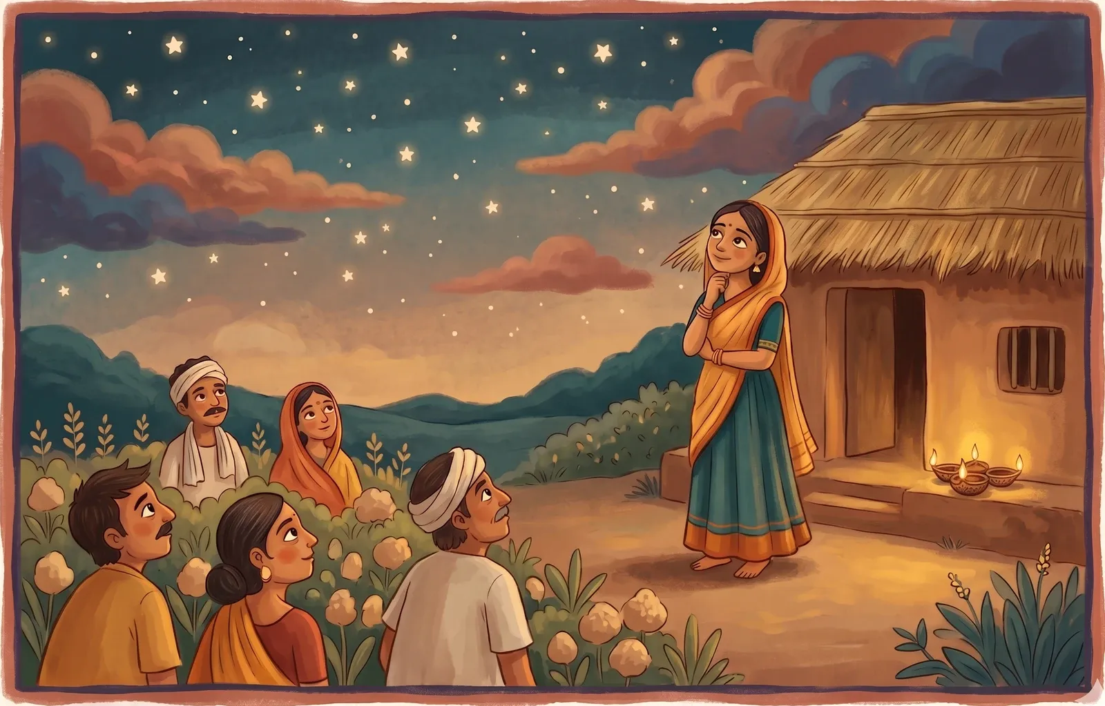 A thoughtful young woman outside a village hut at night reading a starry sky, farmers in the fields below listening.
