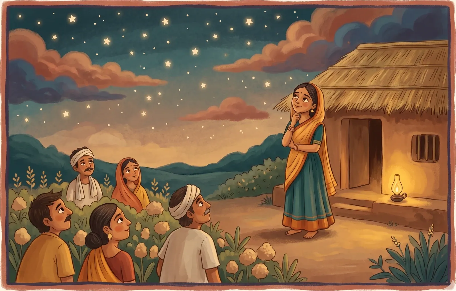 A thoughtful young woman outside a village hut at night reading a starry sky, farmers in the fields below listening.