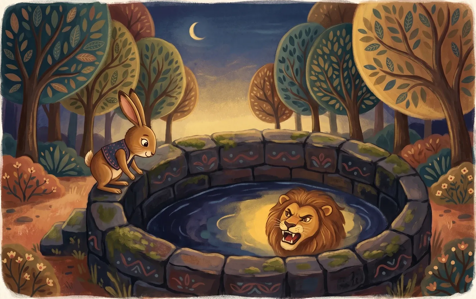 A tiny hare at the edge of a great dark stone well, a lion's angry reflection glaring up from the black water.