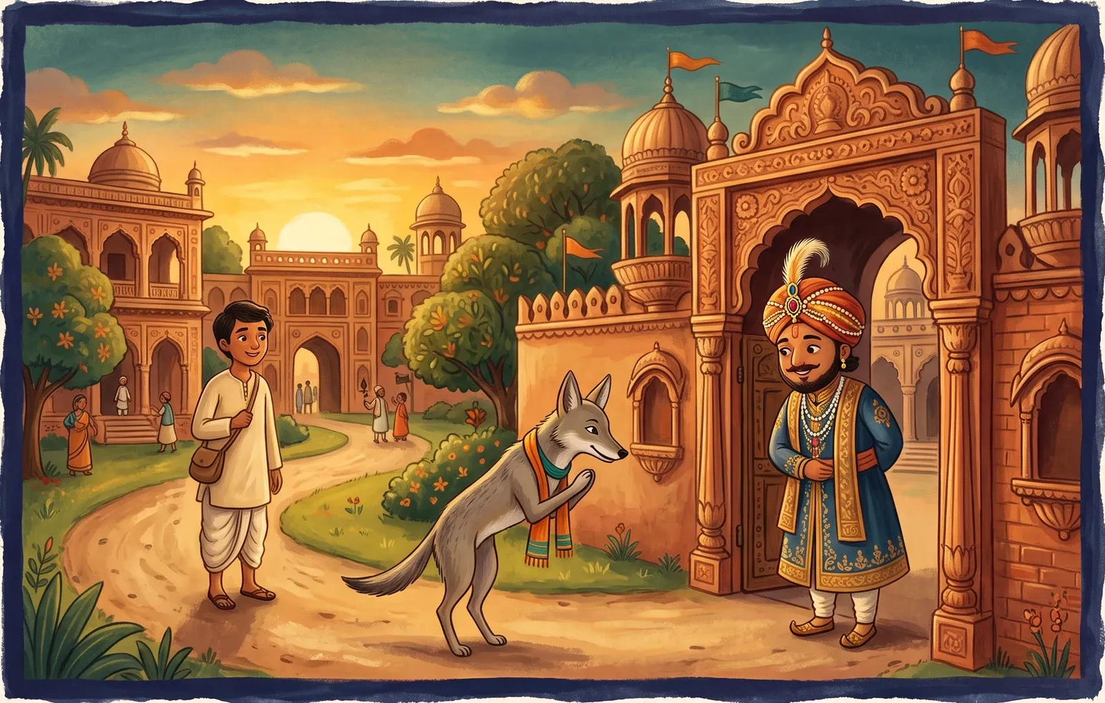 A clever upright jackal bowing politely at a palace gate before a curious king as a hopeful young man waits behind.