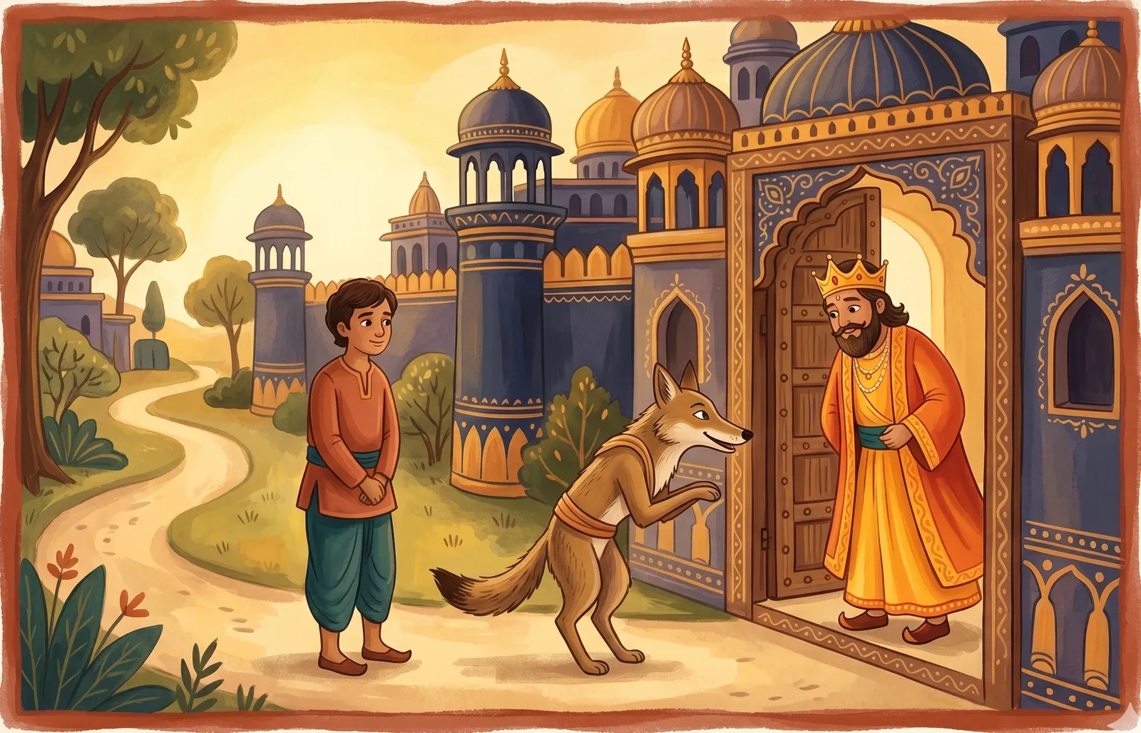 A clever upright jackal bowing politely at a palace gate before a curious king as a hopeful young man waits behind.