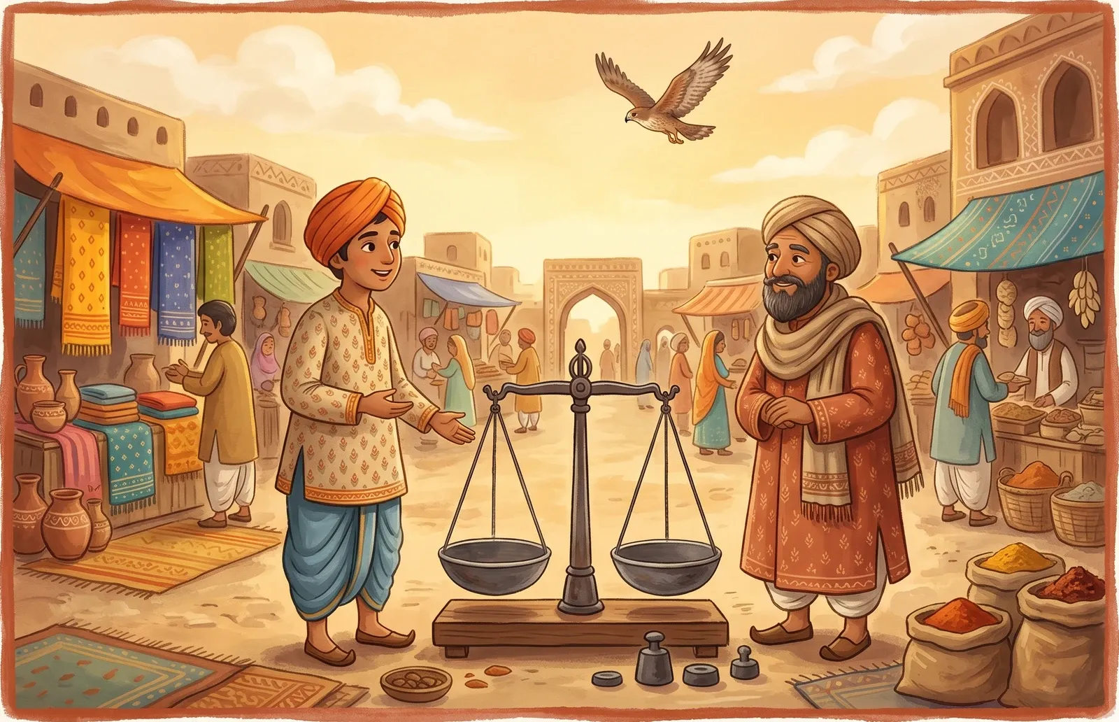 A calm young merchant talking with an older merchant in a busy bazaar, a great iron balance-scale between them, a hawk overhead.
