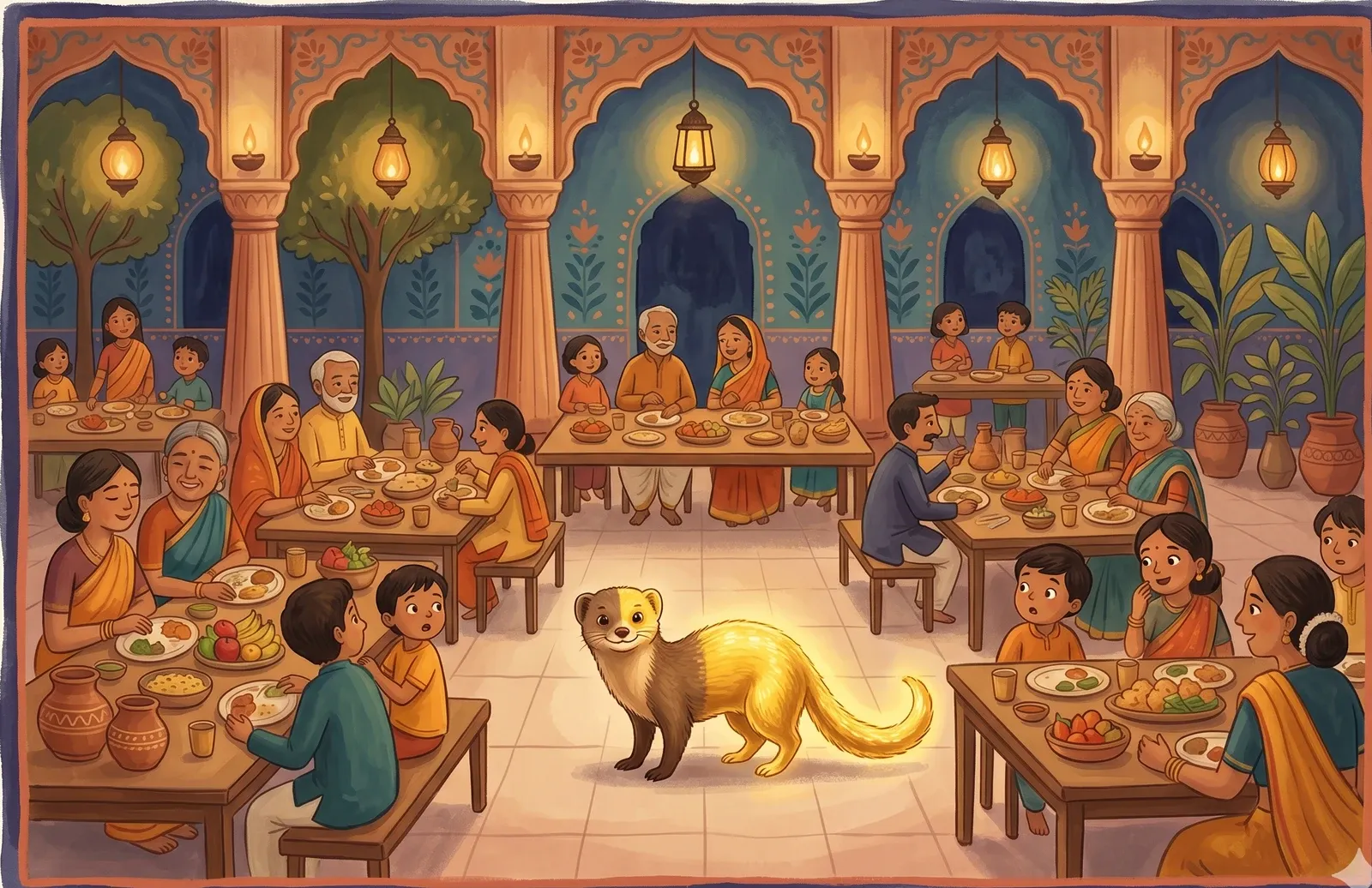 A small mongoose with one half of its body shining like gold, standing in a grand hall of feasting.