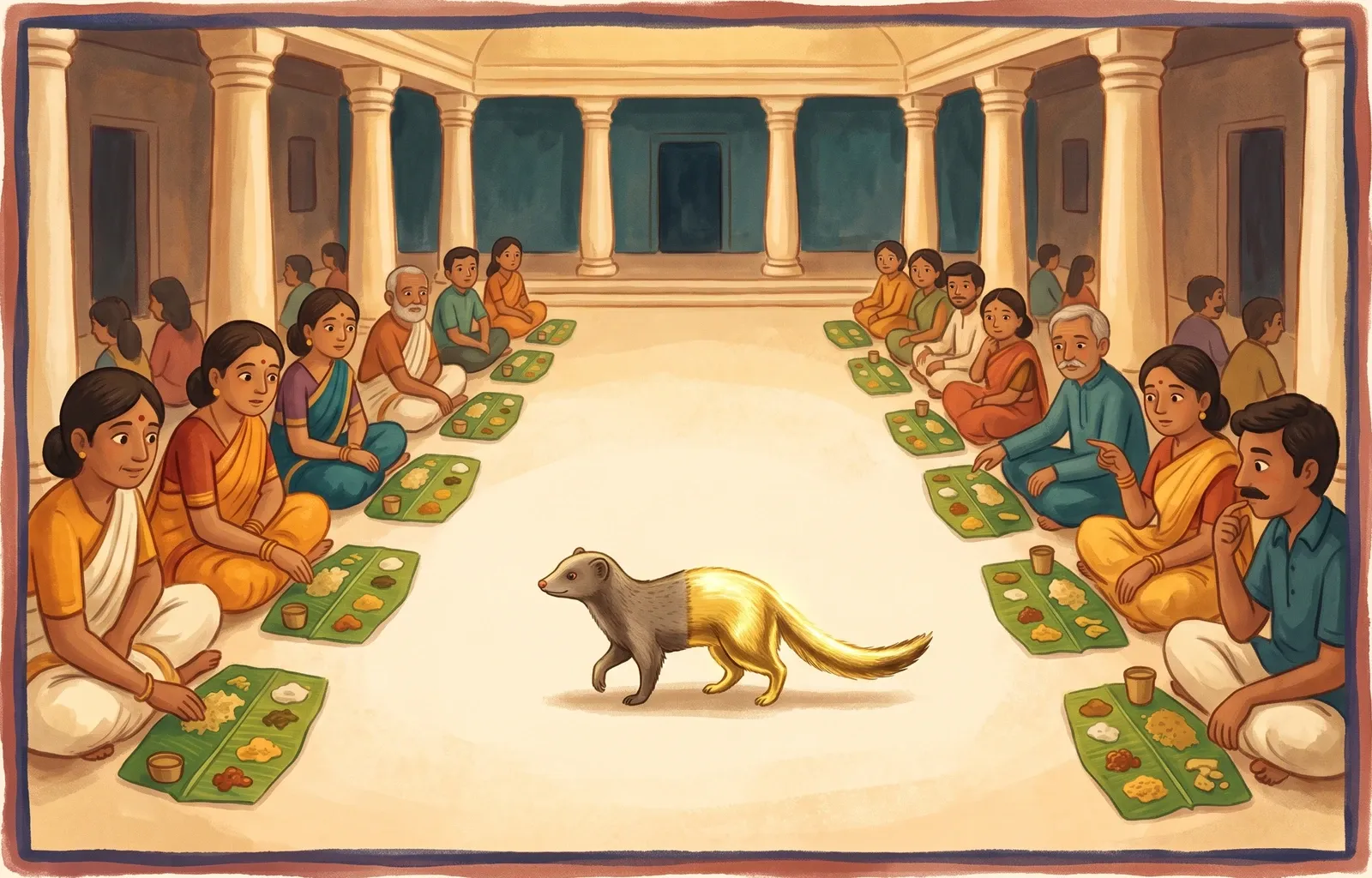 A small mongoose with one half of its body shining like gold, standing in a grand hall of feasting.