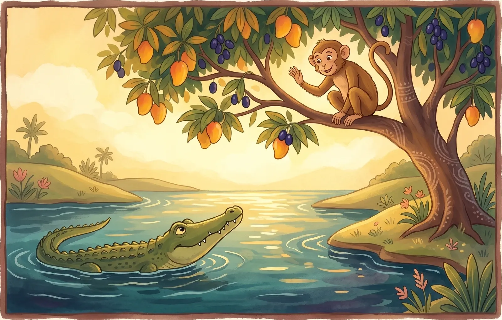 A clever monkey perched safely up a fruit tree calling down to a crocodile floating in the river below.