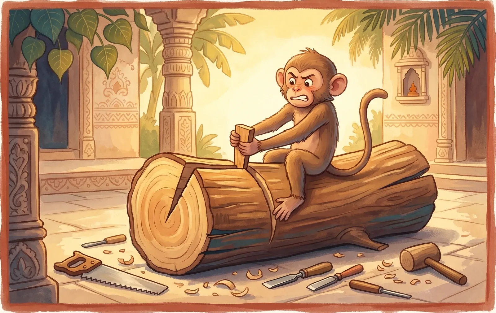 A curious monkey sitting astride a half-sawn log pulling out a wooden wedge, carpenters' tools lying nearby.