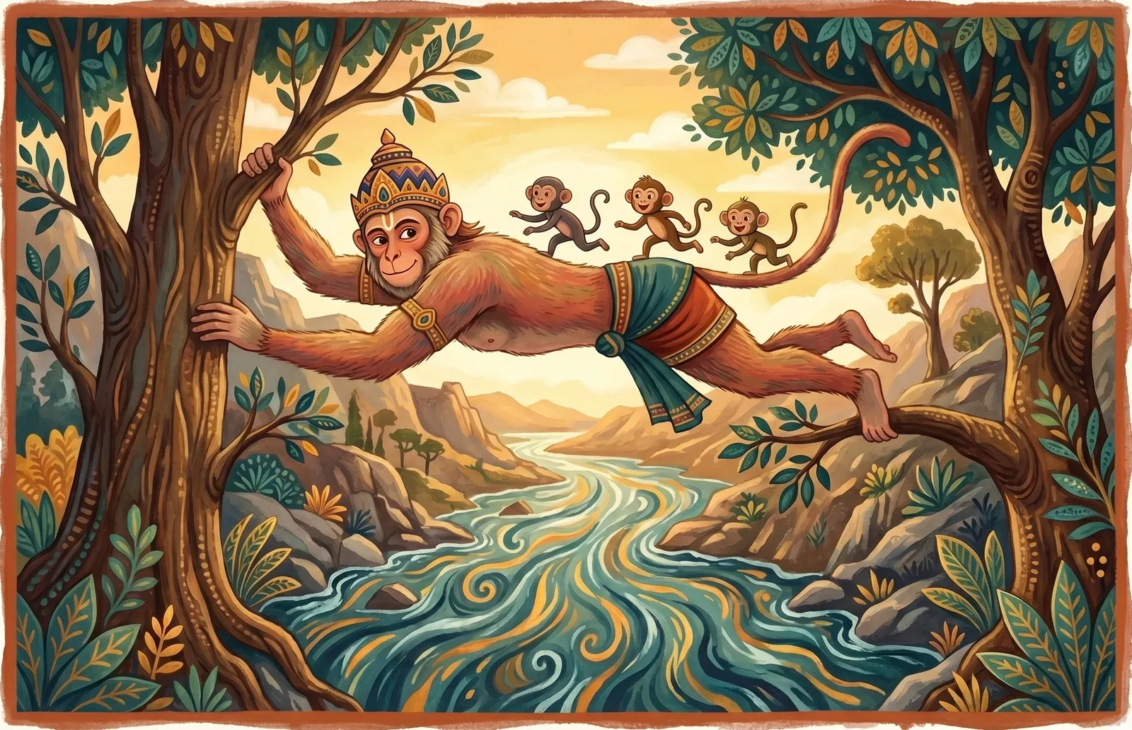 A great monkey king stretched between two trees like a living bridge as small monkeys run across his back above a rushing river.