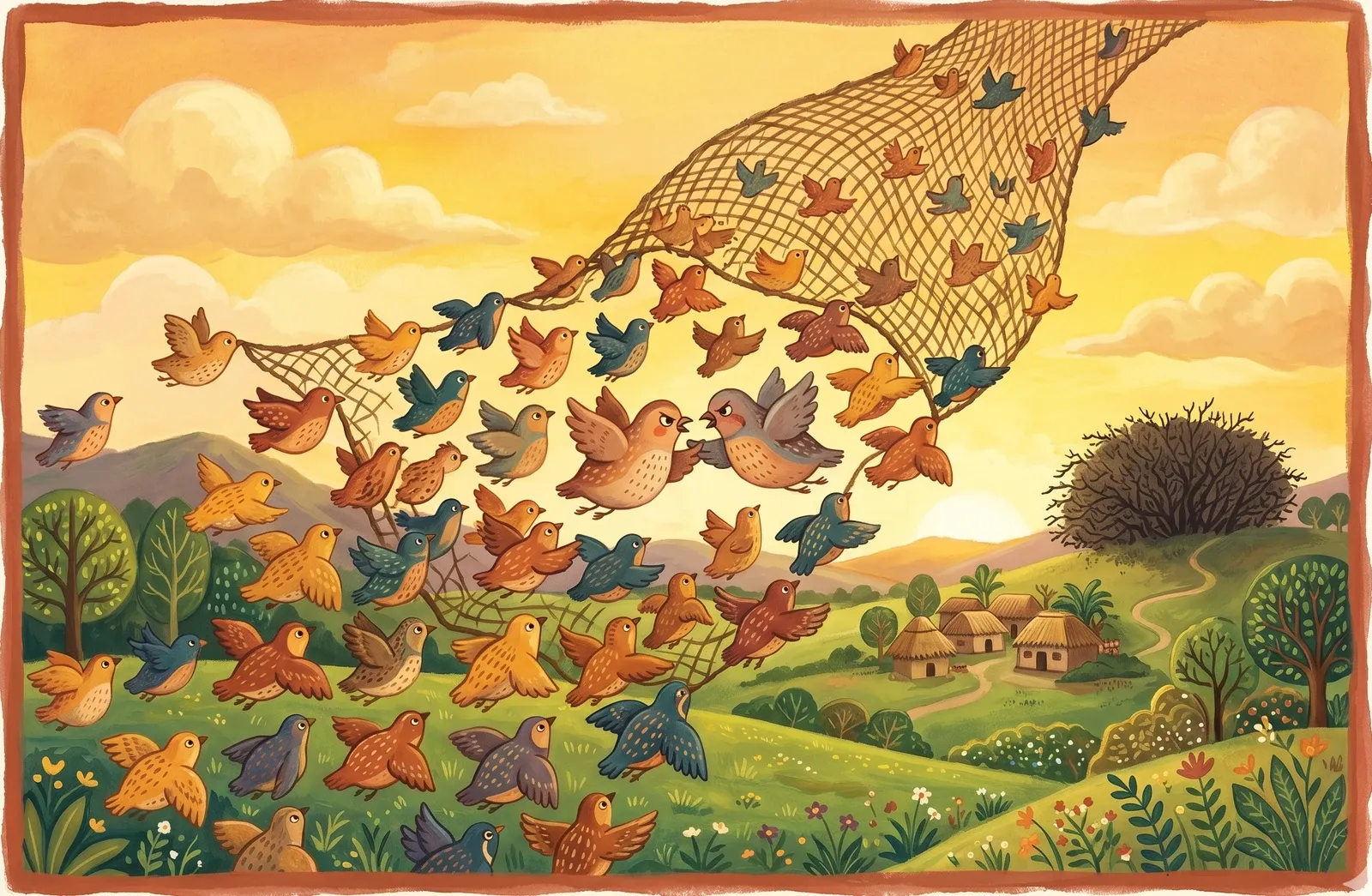 A flock of little quails lifting a fishing net up into the sky together over a green field, two quails near the middle squabbling.