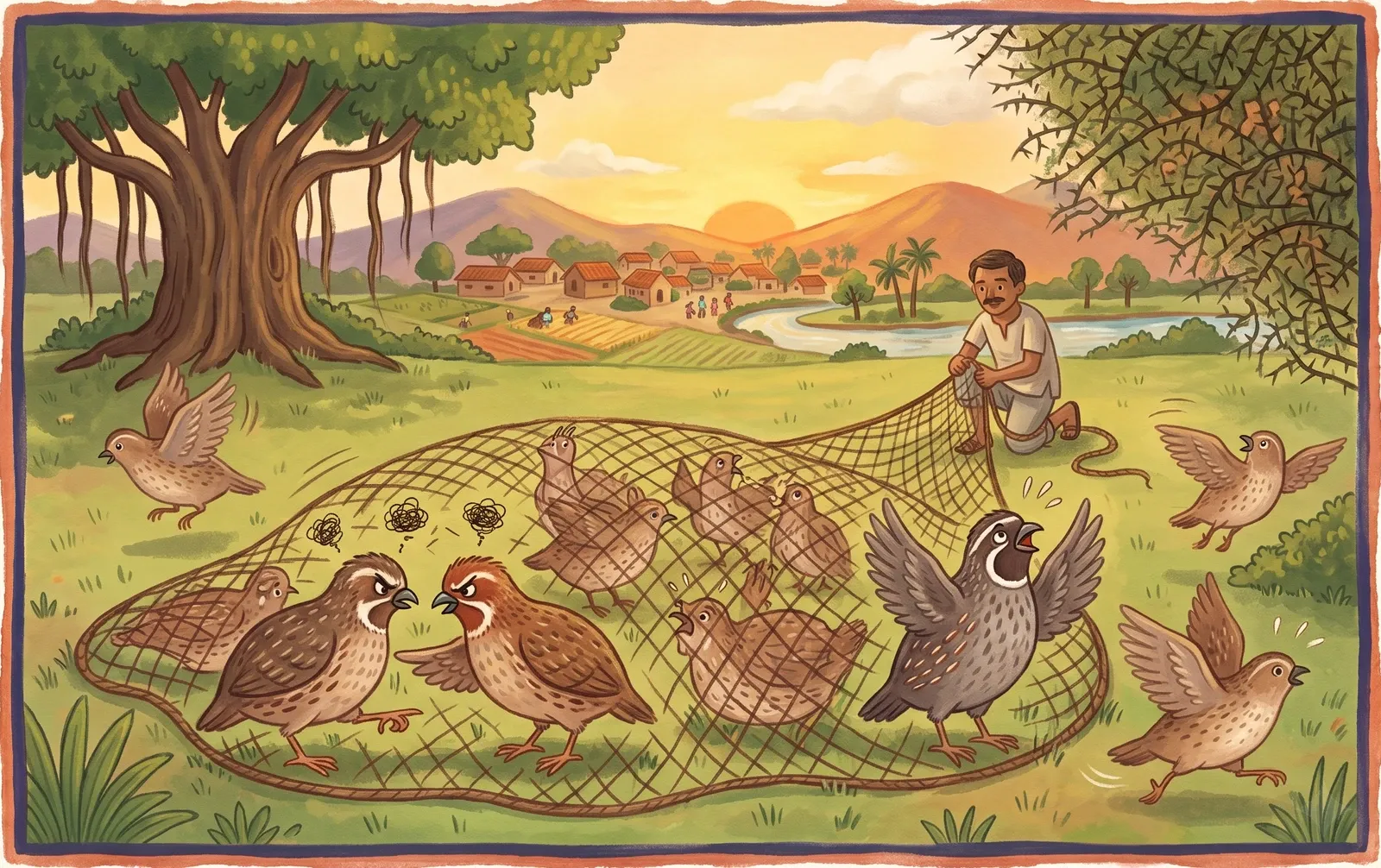 A flock of little quails caught under a fishing net in a green field, two of them squabbling beak-to-beak while the fowler gathers the net and a few birds fly free.