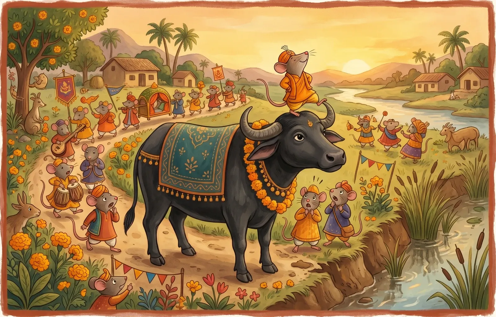 A tiny proud rat perched on a buffalo's head in a marigold wedding procession, nose in the air, tipping toward a ditch.