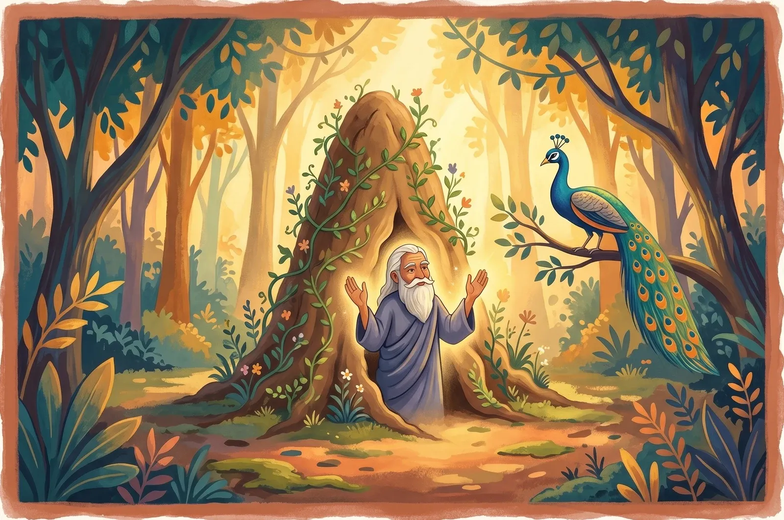 A serene sage emerging from an earthen anthill wrapped in green vines in a sunlit forest, a peacock watching nearby.