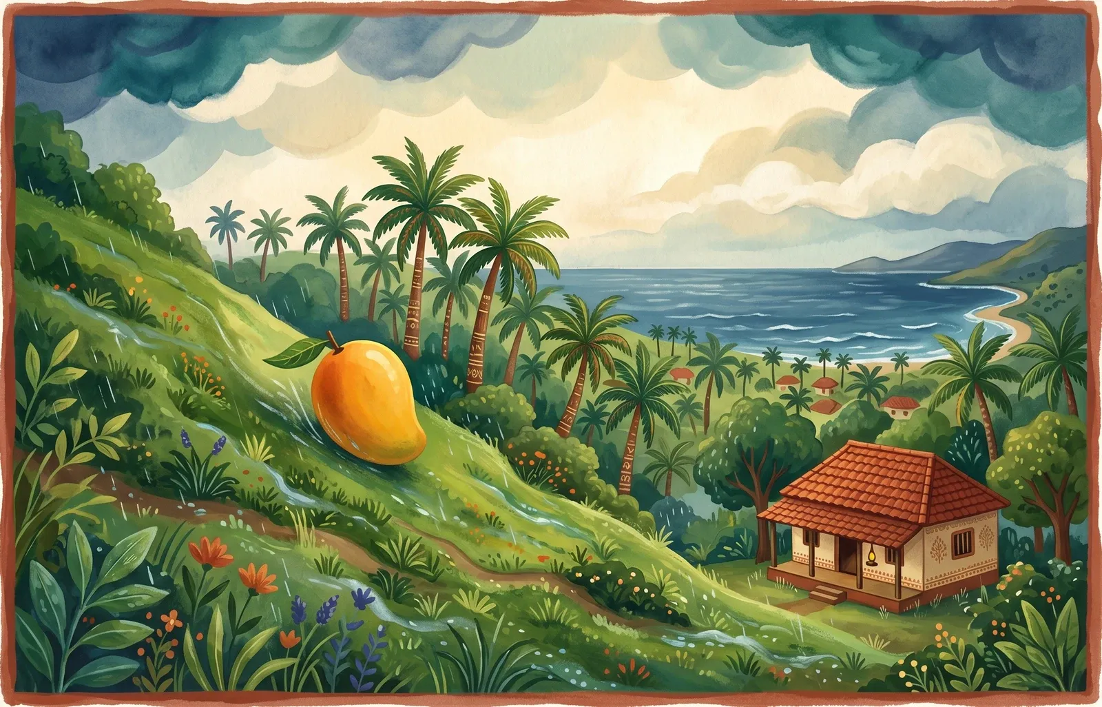 A single golden mango rolling down a lush rain-soaked Konkan hillside toward a small tiled house, the sea visible beyond.