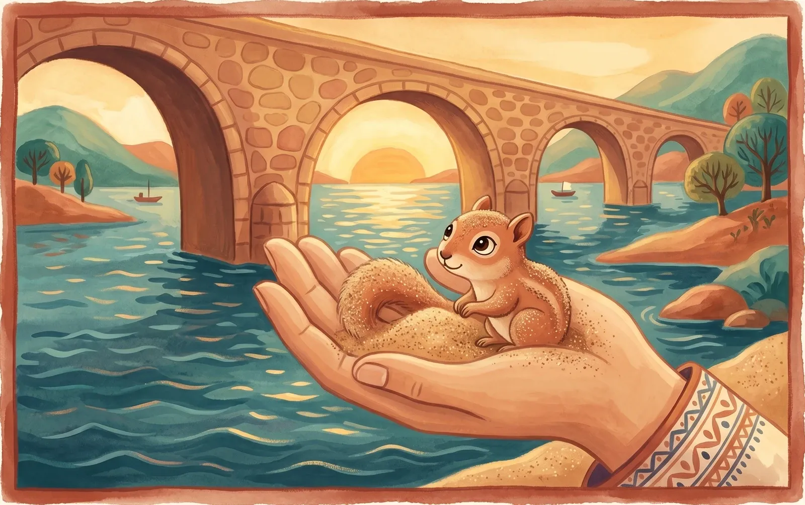 A large gentle hand cupping a tiny sand-covered squirrel beside a great stone bridge stretching across the sea.