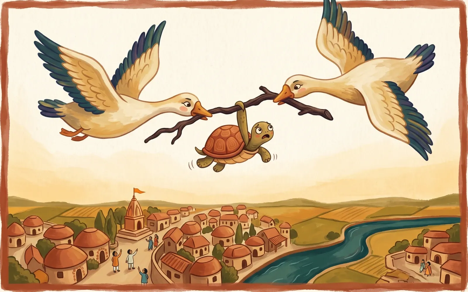 Two geese flying with a stick between their beaks, a worried tortoise dangling from the middle, a town far below.