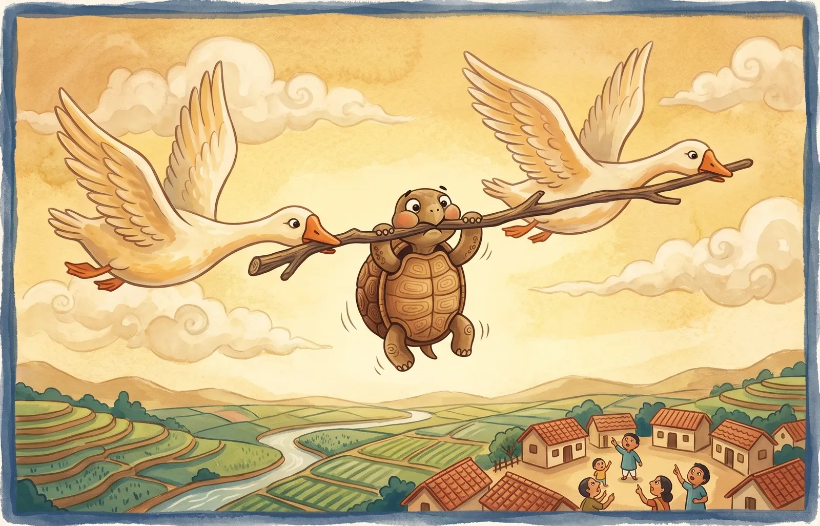 Two geese flying with a stick between their beaks, a worried tortoise dangling from the middle, a town far below.