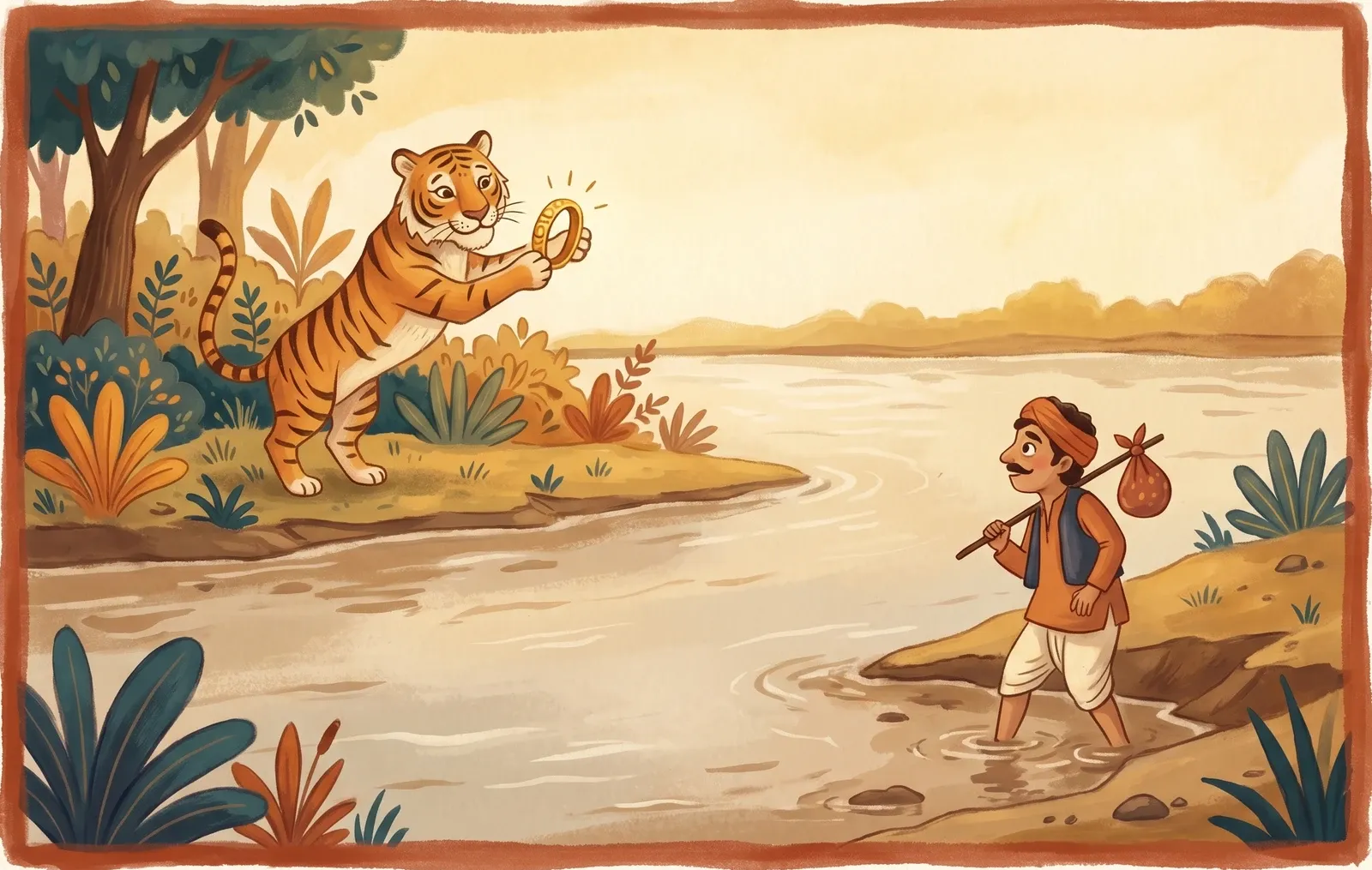 A lean old tiger on a riverbank holding up a shining golden bracelet, calling to a greedy traveller wading into the muddy shallows.