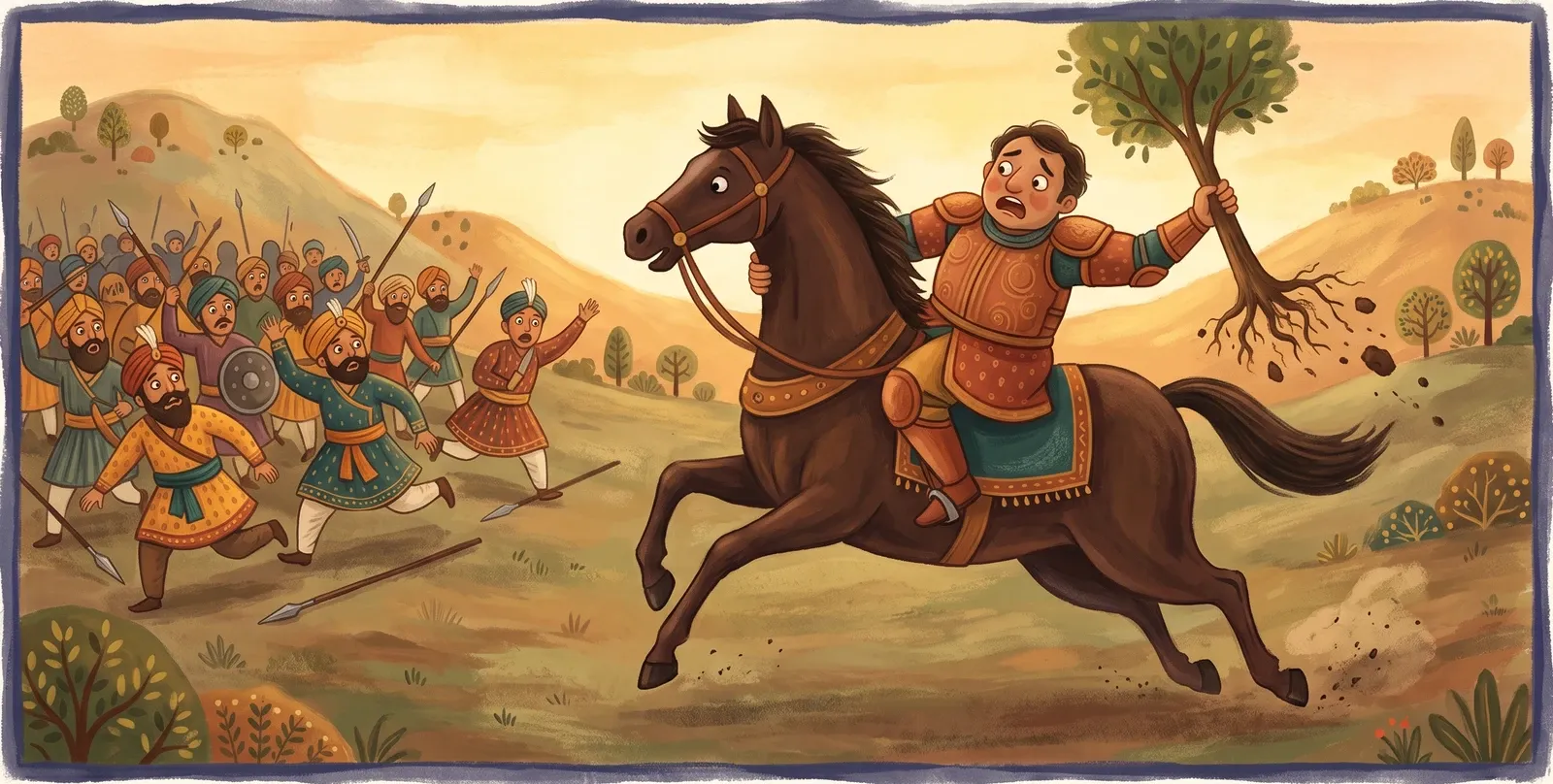 A wide-eyed timid potter clinging to a galloping war-horse while accidentally holding a whole uprooted tree aloft as an enemy army flees.