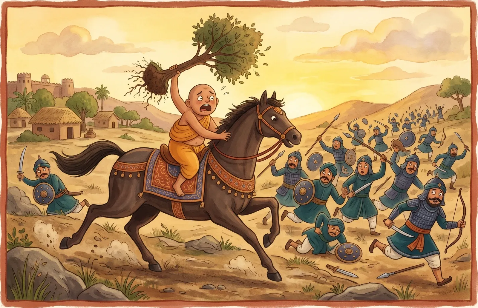 A wide-eyed timid potter clinging to a galloping war-horse while accidentally holding a whole uprooted tree aloft as an enemy army flees.