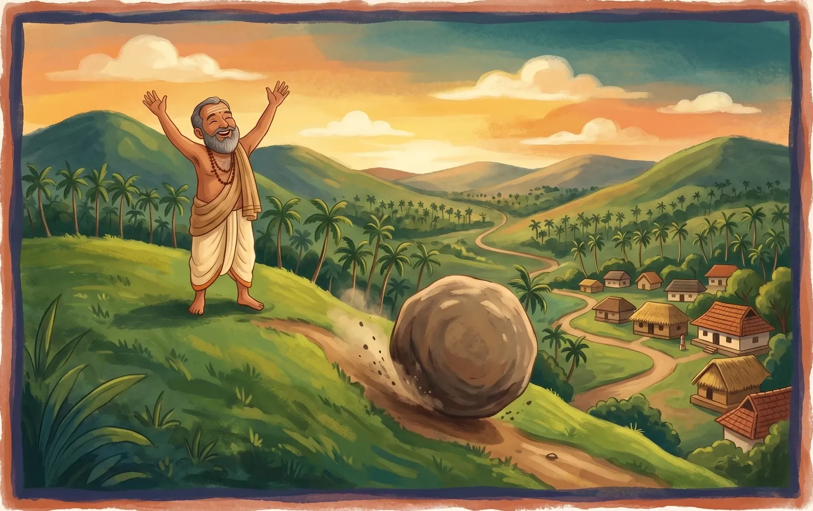 A content man atop a green Kerala hill, arms raised and laughing, watching a great round boulder roll away down the slope.