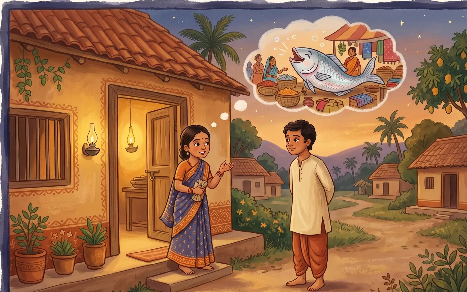 A bright farmer's daughter speaking cleverly to a young man in a cottage doorway, a laughing silvery fish on a market stall above.