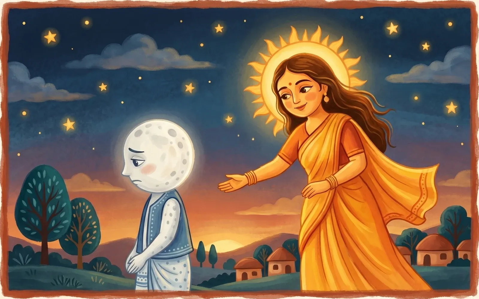A warm sun as a gentle sister and a pale, softly spotted moon as a younger brother turning away ashamed, against a twilight sky.