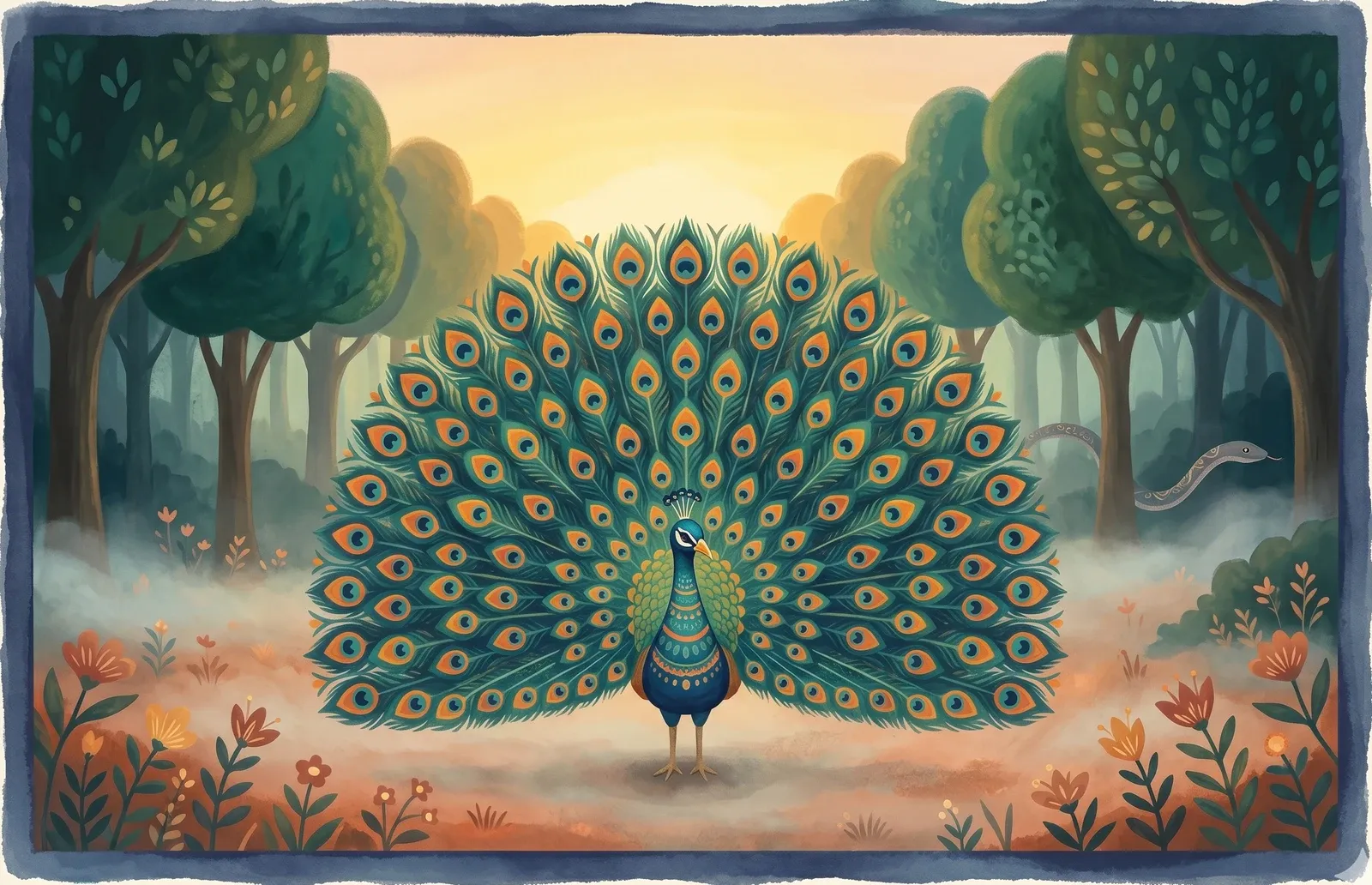 A peacock spreading its hundred-eyed tail at dawn, mist on the forest floor and a serpent slipping quietly away.