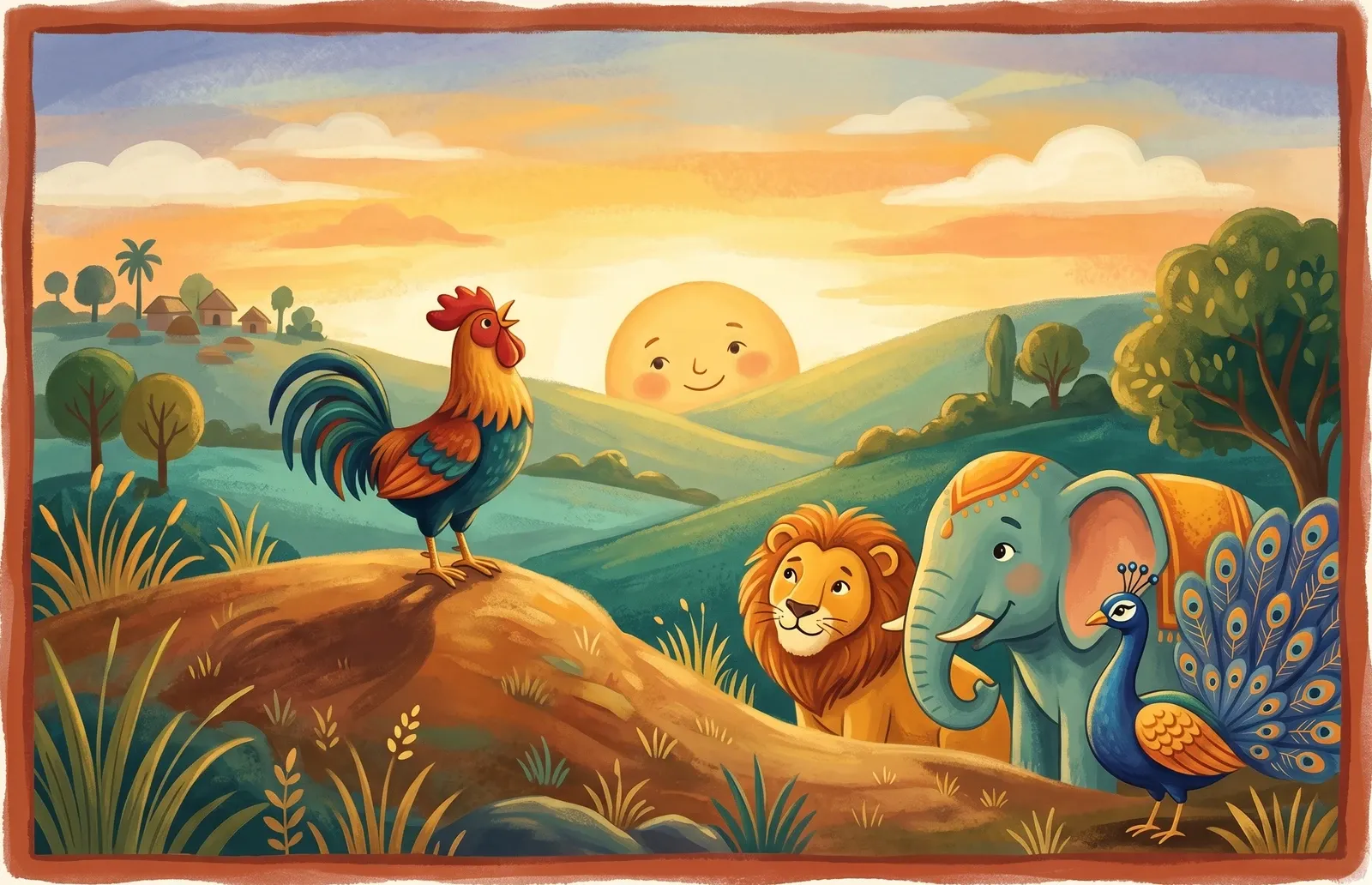 A small rooster on a rise at dawn singing up to a shy sun peeking over a hill as a lion, elephant and peacock watch.